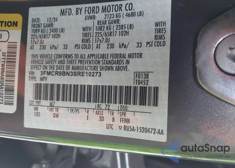 2025 Ford Bronco Sport Big Bend z USA, uszkodzony, nr VIN 3FMCR9BN3SRE10273